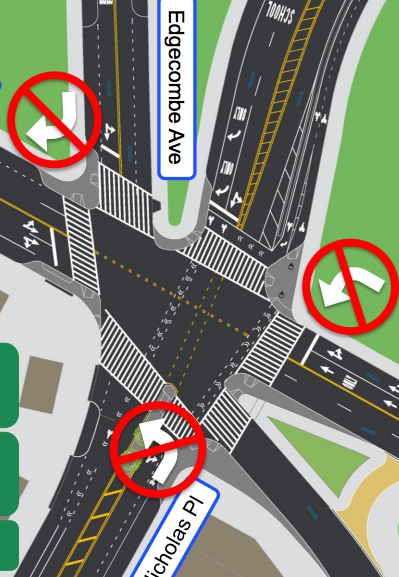 Turn bans and curb extensions could come to the knotty intersection of St. Nicholas Place and 155th Street. Image: DOT